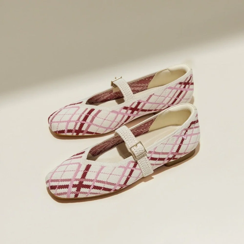 VIVAIA Square Toe Knit  Flats Pink Plaid Buckle Strap Shoes size‎ EU/41 US/9.5